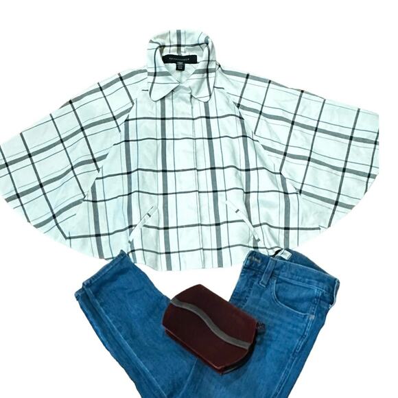 Apostrophe cropped Pelerine Jacket Preppy Ivory Plaid Blue & Black - Medium - Picture 1 of 14